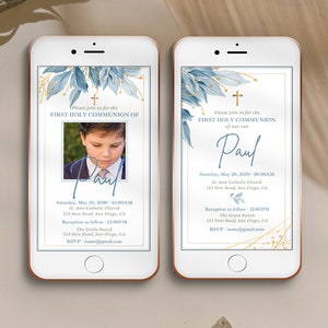 Digital First Communion invitation template for boy, animated invitation with blue leaves, smartphone e-vite, video announcement- CF69