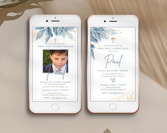 Digital First Communion invitation template for boy, animated invitation with blue leaves, smartphone e-vite, video announcement- CF69