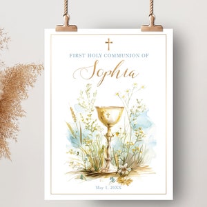 Cartel bienvenida comunion con cáliz oro y flores silvestres turquesa, PLANTILLA EDITABLE, decoración comunión de niña boho - CF44