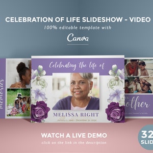 Funeral slideshow template with lavender flowers, memorial video template, life tribute presentation, celebration of life template - FF33
