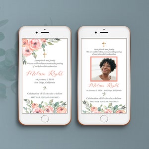 Annonce de décès numérique avec fleurs roses, modèles funéraires modifiables pour smartphones, invitation funéraire électronique - FF10