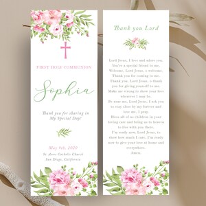 Pink roses First Communion bookmark, communion prayer card template, Printable First Communion Favor, Personalized Bookmark CF38