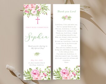 Pink roses First Communion bookmark, communion prayer card template, Printable First Communion Favor, Personalized Bookmark CF38