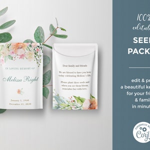 Seed packet for funeral with pastel flowers, memorial seed template, celebration of life favor, remembrance gift, funeral keepsake  FF17