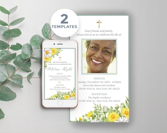 Funeral Digital Invitation Template with daisies | Editable Memorial E-vite for woman | Electronic order of service - FF51