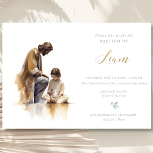 Puede incluir: Una invitación de bautismo con una ilustración de acuarela de Jesús y un niño. La invitación es para el bautismo de Liam el sábado 4 de mayo a las 10:00 AM en la Iglesia de Jesucristo de los Santos de los Últimos Días en Cedar City, Utah. Habrá refrigerios después en la casa de Liam.