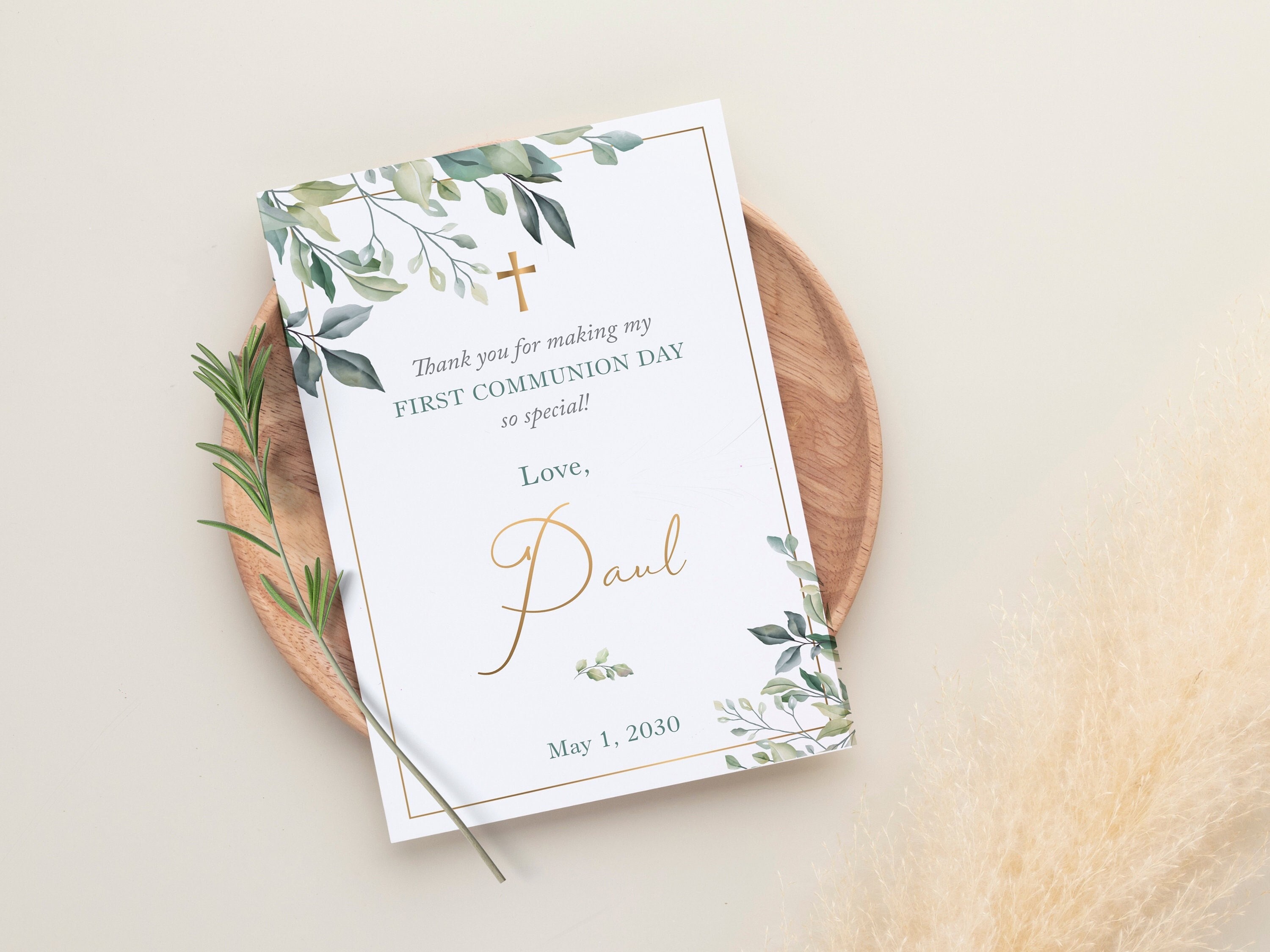 Green Leaves First Communion Thank You Card for Boy Editable Etsy