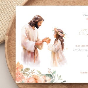 May include: A watercolor illustration of Jesus Christ and a young girl with a flower crown. The image is on a white background with a floral border. The text on the card reads "Please join us for the Baptism of Sophia. Saturday, May 4th 2021. The Church of Jesus Christ of Latter-day Saints. 280 South Cove, Cedar City, Utah. Refreshments to follow at Sophia's home."