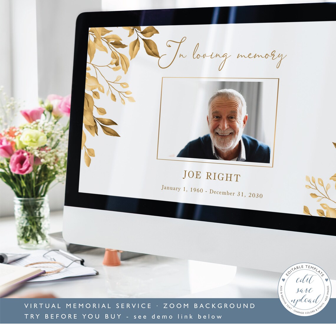 ZOOM Funeral Background for Man Template for Virtual Memorial Etsy