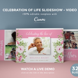 Celebration of life slideshow, memorial video template, life tribute presentation, funeral slide show, canva template - FF14