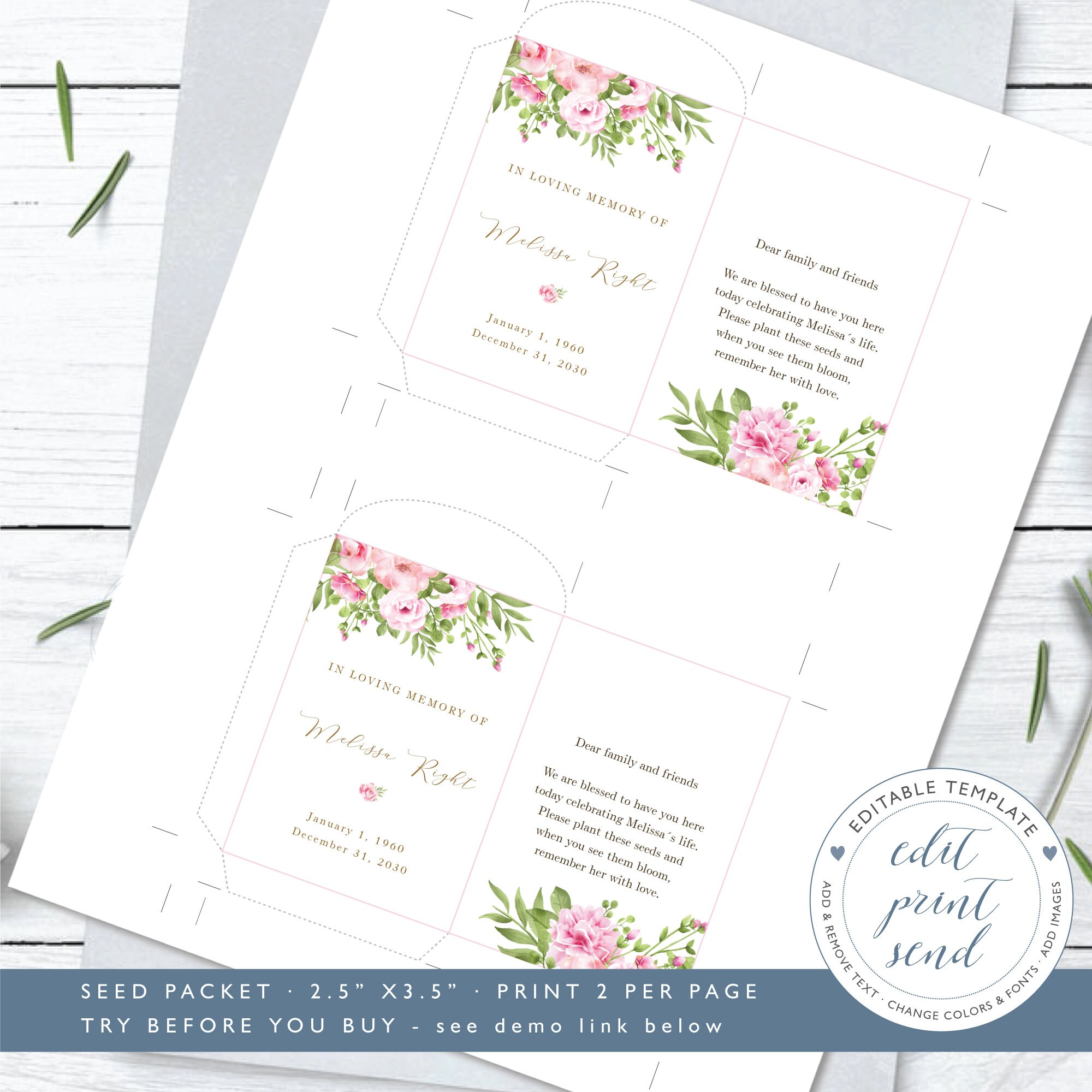 Seed packet for funeral memorial seed packets template | Etsy