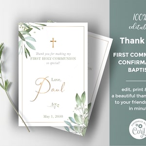 Carte de remerciement de communion avec feuilles d'olivier, timbre de confirmation, célébration de la communion de l'enfant- CF68