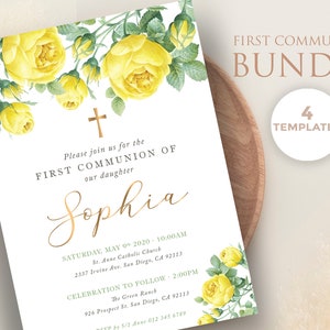 Primera comunion de niña con rosas amarillas, set de plantillas, invitacion, tarjeta regalos, tarjeta agradecimiento, poster - CF41