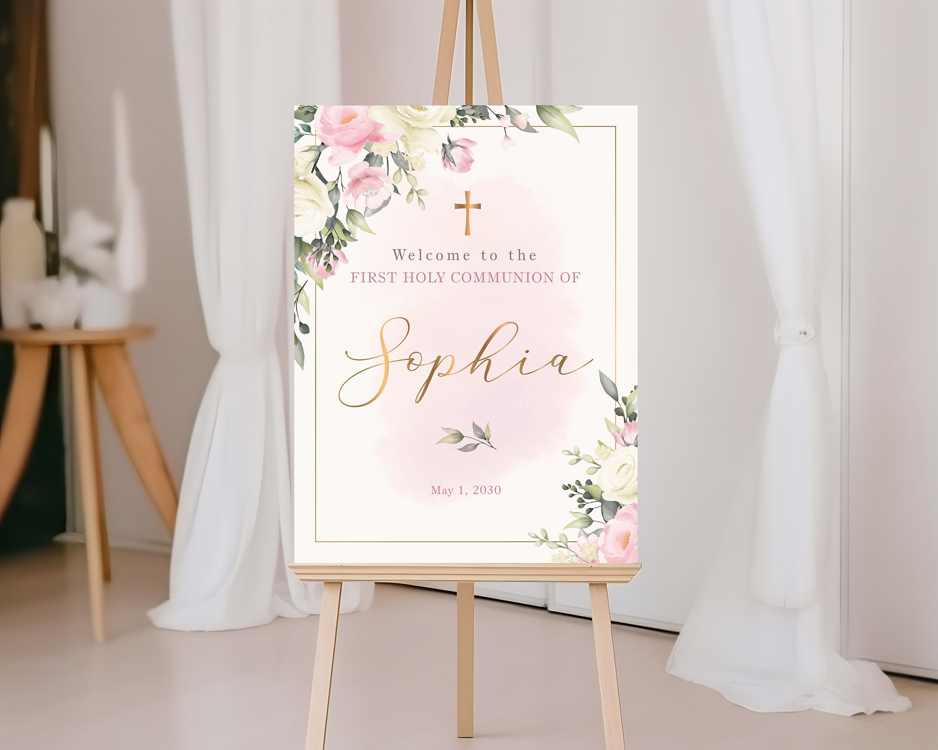Pink blush First Communion Welcome Sign template for girl, Holy Communion Welcome Poster, Editable Communion Decoration - CF62