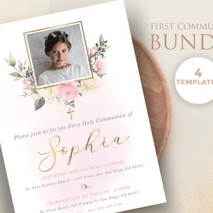 Set de Primera comunion de niña con foto flores color rosa y beige, invitacion, tarjeta regalos, tarjeta agradecimiento, poster - CF62