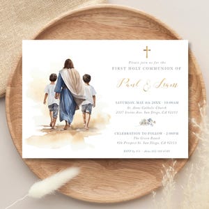 Hermanos con Jesús, Primera Comunión Niños, Invitación PLANTILLA EDITABLE  - CP103