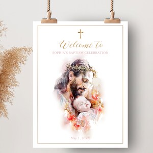 Jesus con un bebe en sus brazos, PLANTILLA EDITABLE, cartel bienvenida celebración bautizo, decoración bautizo de niña o niño - B4