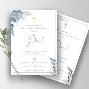 First Communion Invitation for boy with blue leaves, Holy communion invite template, Confirmation announcement, communion invite - CF69