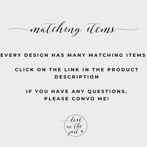 Puede incluir: Gr&aacute;fico color crema con las palabras "matching items" en escritura elegante. El texto de abajo dice: "Cada dise&ntilde;o tiene muchos art&iacute;culos a juego. Haz clic en el enlace de la descripci&oacute;n del producto. &iexcl;Si tienes alguna pregunta, cont&aacute;ctame!"