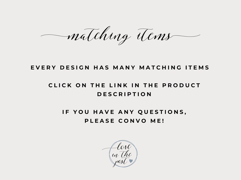 Puede incluir: Gr&aacute;fico color crema con las palabras "matching items" en escritura elegante. El texto de abajo dice: "Cada dise&ntilde;o tiene muchos art&iacute;culos a juego. Haz clic en el enlace de la descripci&oacute;n del producto. &iexcl;Si tienes alguna pregunta, cont&aacute;ctame!"