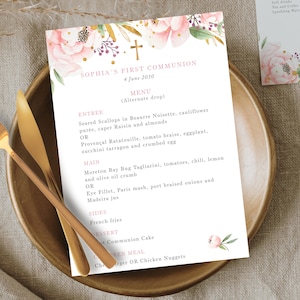 Menú de celebración de primera comunión, plantilla editable, decoración para mesa, primera comunión niña, confirmacion - CF54
