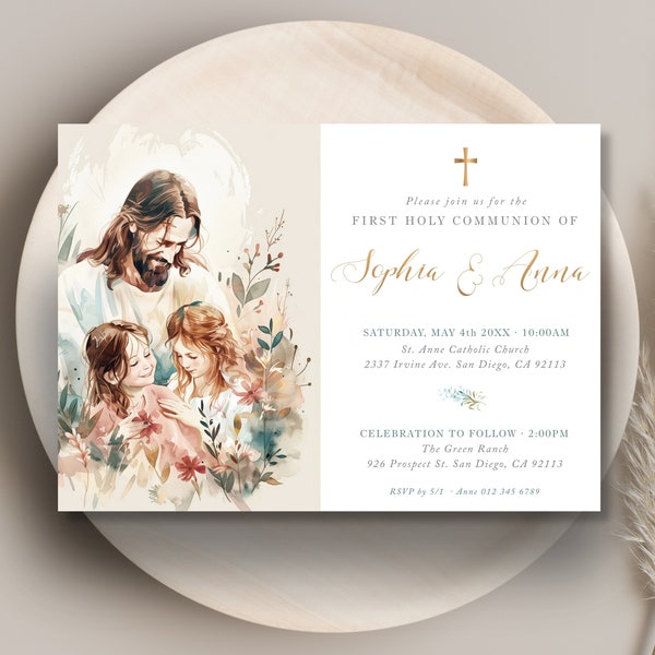 First Holy Communion twin girls invitation, EDITABLE TEMPLATE invite for two sisters with Jesus, boho watercolor illustration- CP51