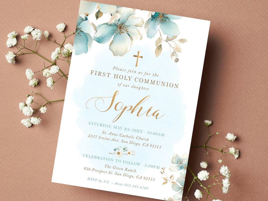 Aqua First Communion Invite for Girl, Holy Communion Invitation ...