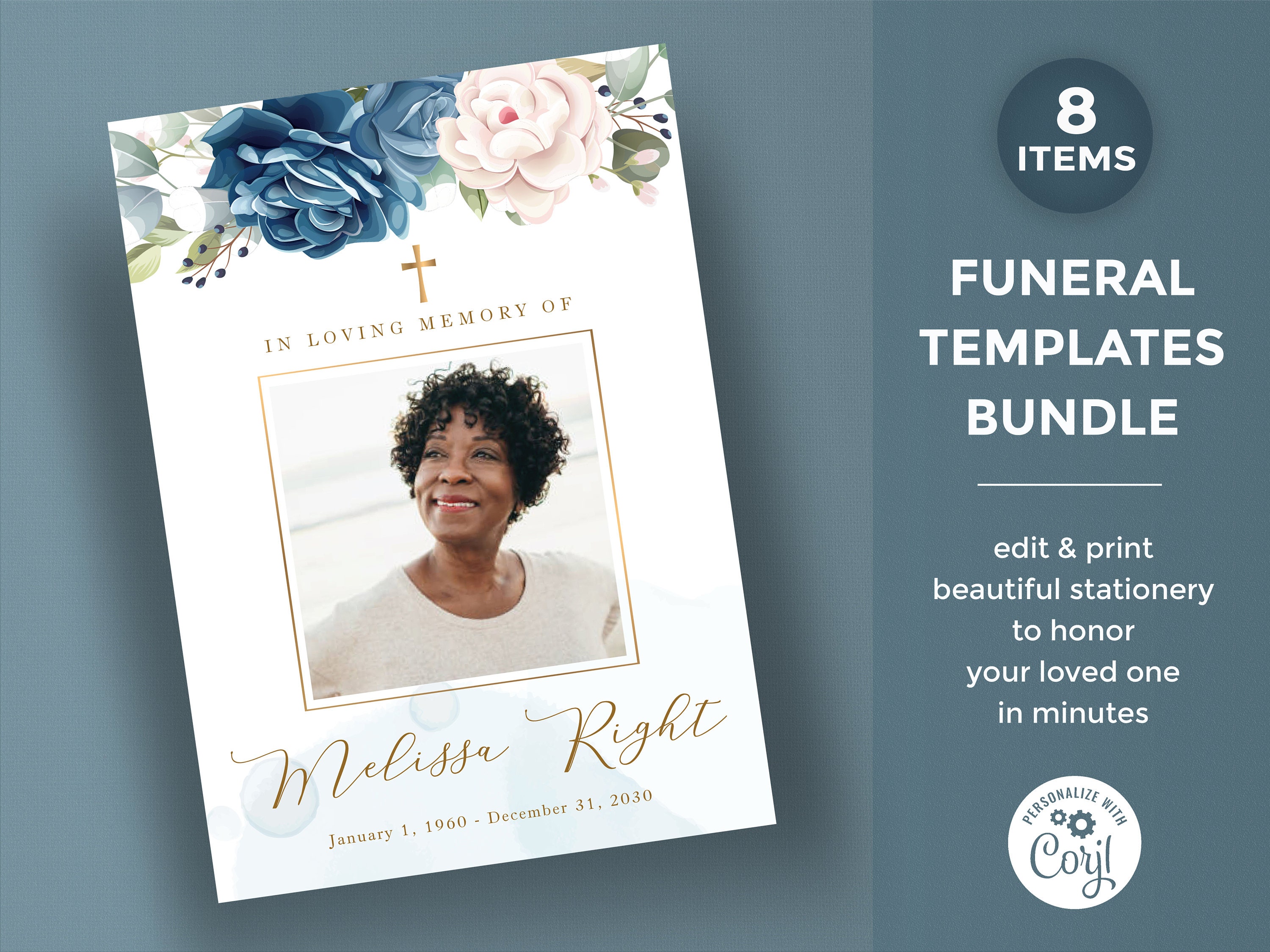 Blue Roses Funeral Template Bundle for Woman, Memorial Package, in ...