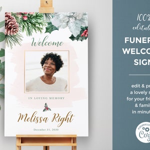 Cartel bienvenida a funeral Navidad editable, plantilla de cartel para funeral, celebración misa funeral, poster floral para funeral - FF7