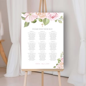 Plantilla organizacion de mesas para primera comunion con rosas para niña, tarjetas con numero de mesa florales - CF47