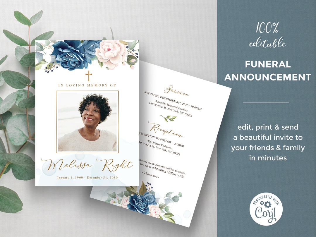 Blue Roses Funeral Announcement Template, Memorial Service Invitation ...
