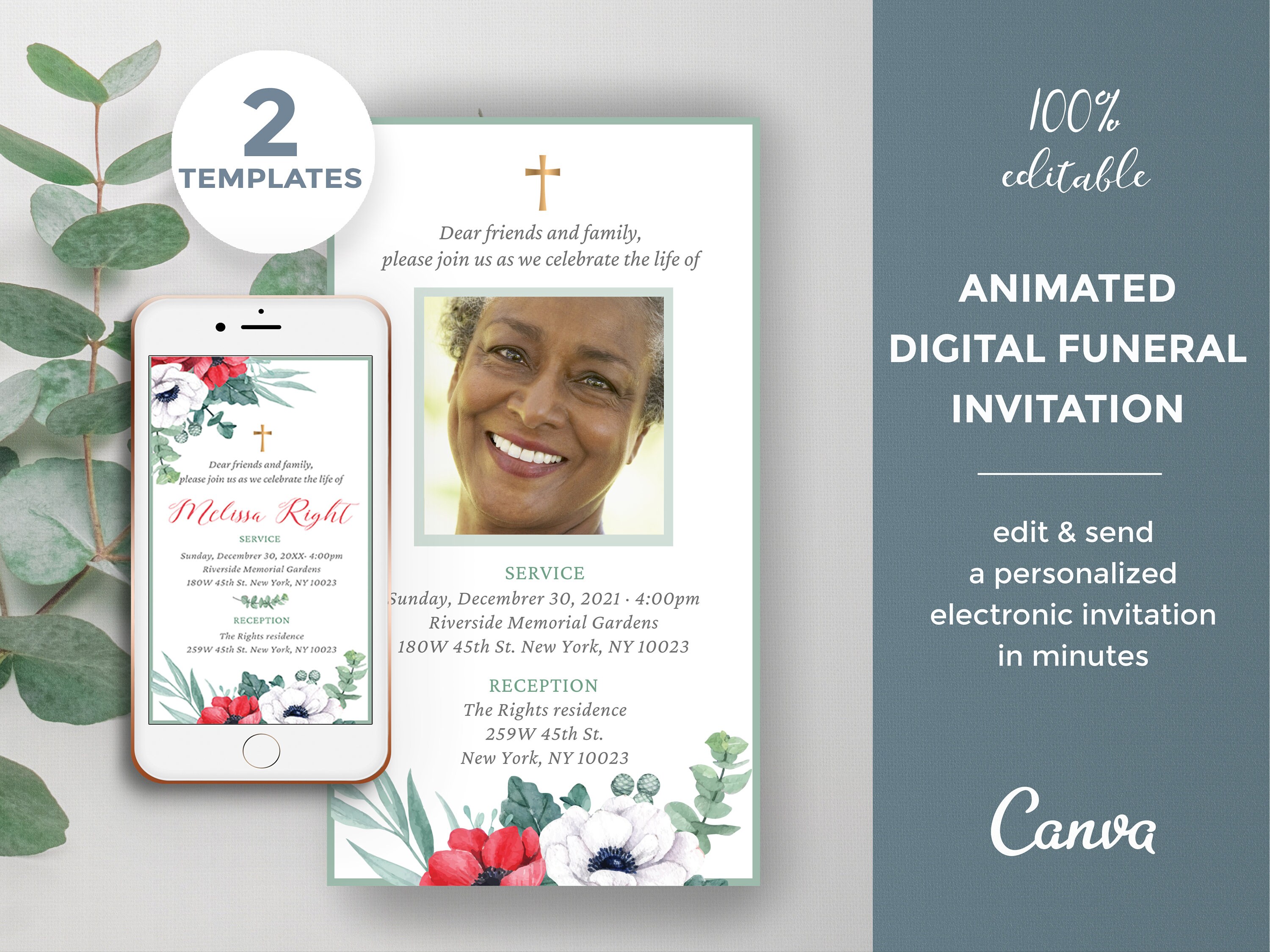 Poppies Elegant Funeral Digital Invitation Template | Editable Memorial ...