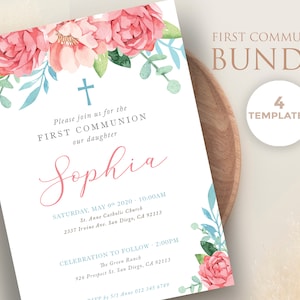 Primera comunion de niña con flores rosas, set de plantillas, invitacion, tarjeta regalos, tarjeta agradecimiento, poster - CF39
