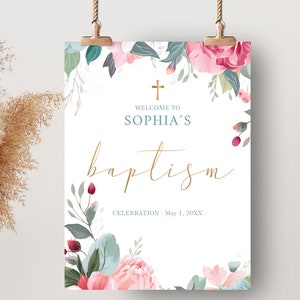 Cartel bienvenida celebración bautizo de niña, flores silvestres turquesa y rosa, PLANTILLA EDITABLE, decoración bautizo de niña - B2