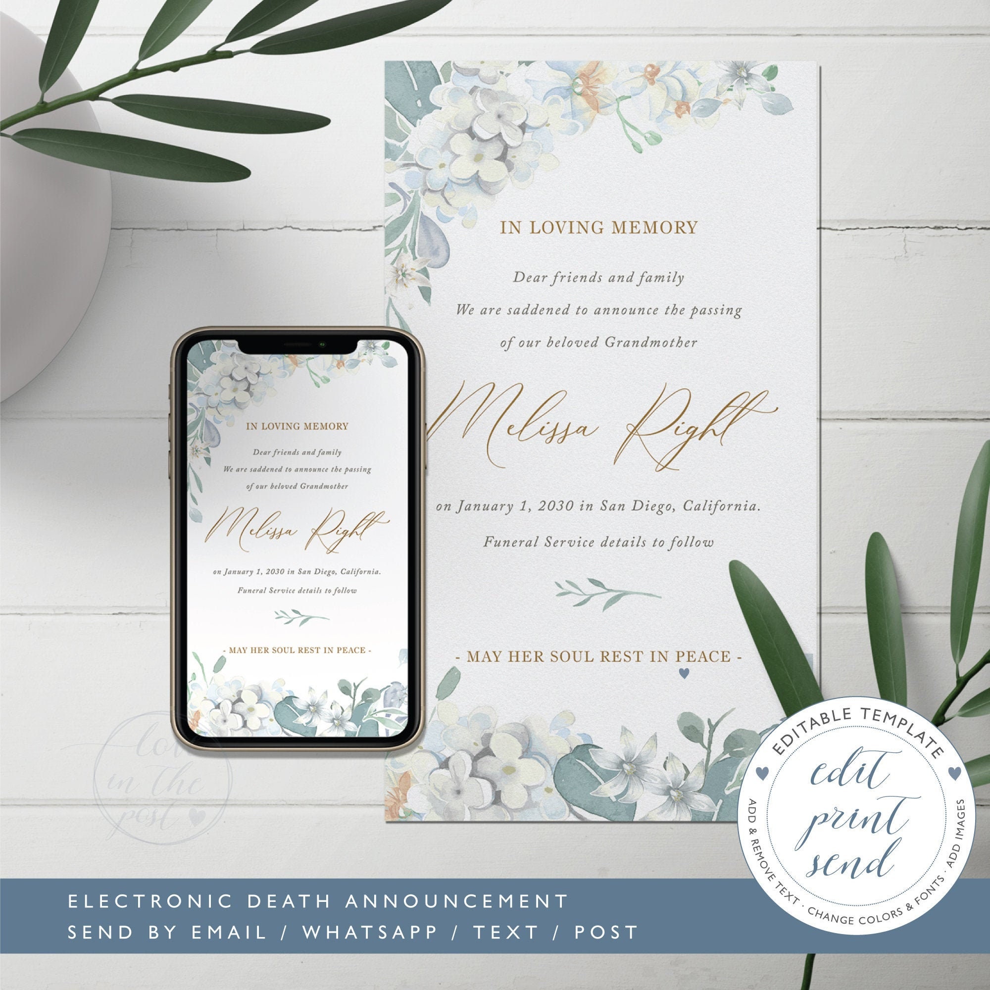 Death Announcement Digital Template Electronic Death - Etsy