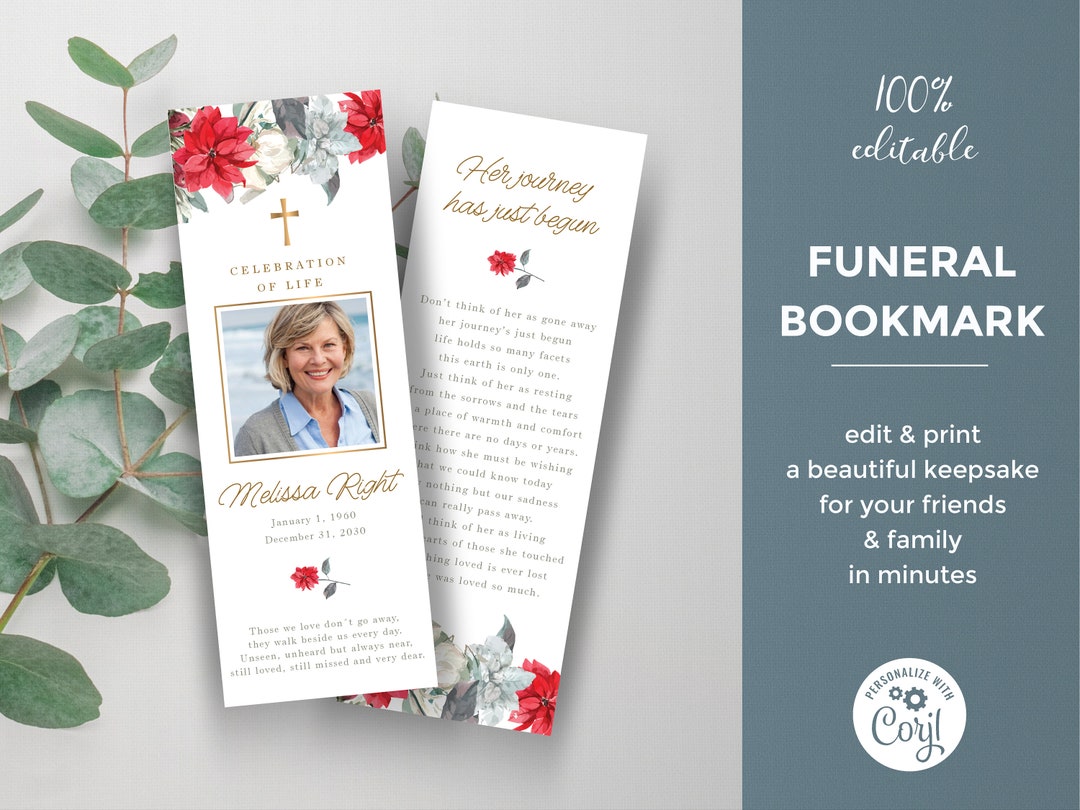 Poinsettia Remembrance Bookmark, Christmas Celebration of Life Bookmark ...