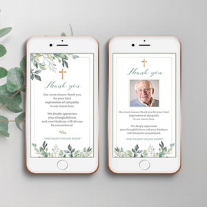 Carte de remerciement numérique avec branches vertes, modèles funéraires modifiables pour smartphones, remerciements funéraires électroniques- FM1