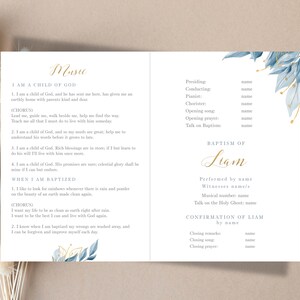 May include: A baptism program with a light beige background. The program features text in gold and black, with blue floral accents. The text includes the word "Music" and the name "Liam".