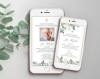 Funeral e-vite template for man with green leaves, electronic funeral invitation, memorial smartphone  celebration of life, 2 templates- FM1