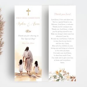 Marcapáginas de regalo de comunion EDITABLE para niñas gemelas, Jesús y hermanas de primera comunión, recuerdo de comunion, biblia CP91