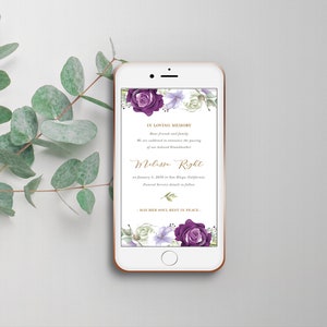 Todesanzeige fürs Handy mit lila und fliederfarbenen Blumen, Todesanzeige, digitale Beerdigung, E-Card fürs Handy – FF33