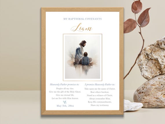 Latter-day Saint Baptism Covenants Editable Poster for boy, Jesus & Child Art, Printable LDS Baptism Gift, Custom Keepsake Template - LDS22