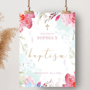 Cartel bienvenida celebración bautizo de niña, flores silvestres turquesa y rosa, PLANTILLA EDITABLE, decoración bautizo de niña - B1