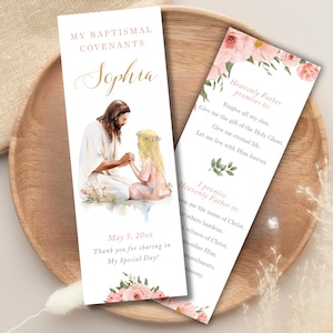 Editable LDS bookmark for girl, baptismal covenants template, Jesus and girl customizable bookmark, LDS baptism gift, favor, keepsake  LDS19
