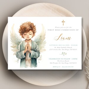 Convite de comunhão boho ilustrado para menino, modelo de cartão de comunhão para menino, ilustração, aquarela religiosa - CP22