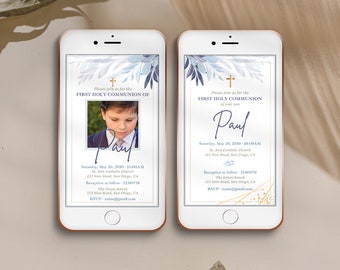 Digital First Communion invitation template for boy, animated invitation with blue leaves, smartphone e-vite, video announcement- CF81