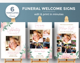 Dahlia Funeral welcome sign for woman, photo collage template, Memorial poster, Celebration of Life decor, funeral photo display -FF55
