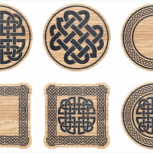 May include: Six wooden coasters featuring Celtic knot designs. The coasters are round and square, with some featuring a solid knot design and others with a border of knots around a blank centre.