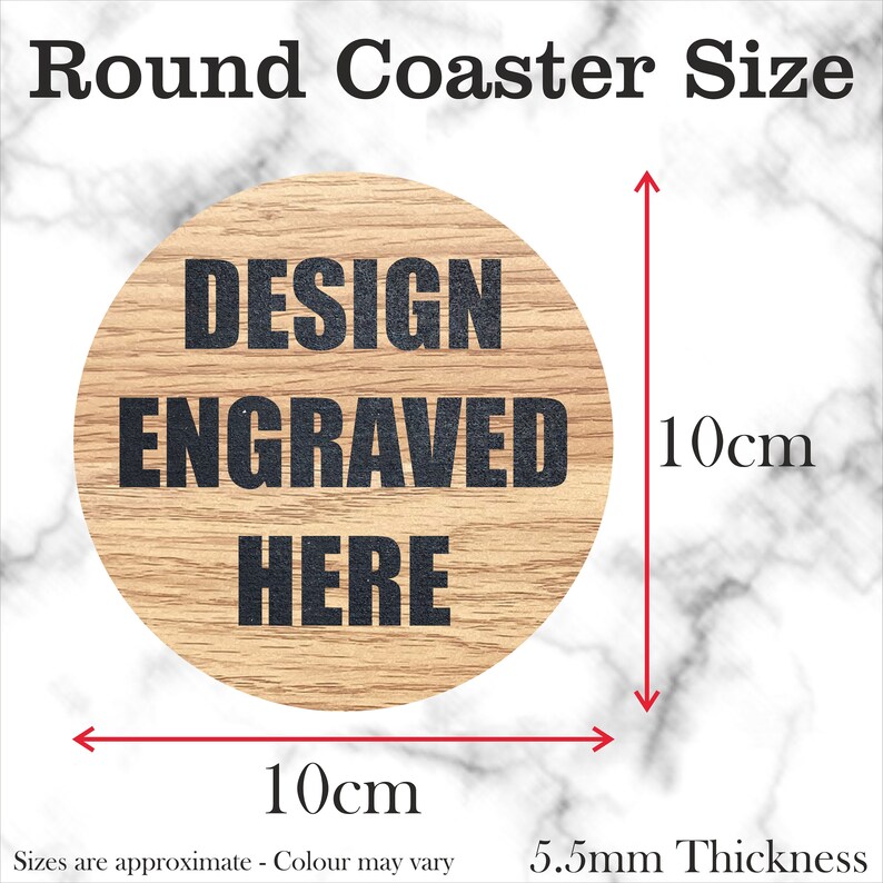 May include: Round wooden coaster with a diameter of 10 cm and a thickness of 5.5 mm. The coaster is made of natural wood and has a light brown colour. The text "DESIGN ENGRAVED HERE" is engraved on the coaster in black.