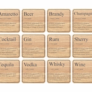 May include: A set of 12 wooden coasters with the names of different alcoholic beverages, such as Amaretto, Beer, Brandy, Champagne, Cocktail, Gin, Rum, Sherry, Tequila, Vodka, Whisky, and Wine. Each coaster has a definition of the beverage.